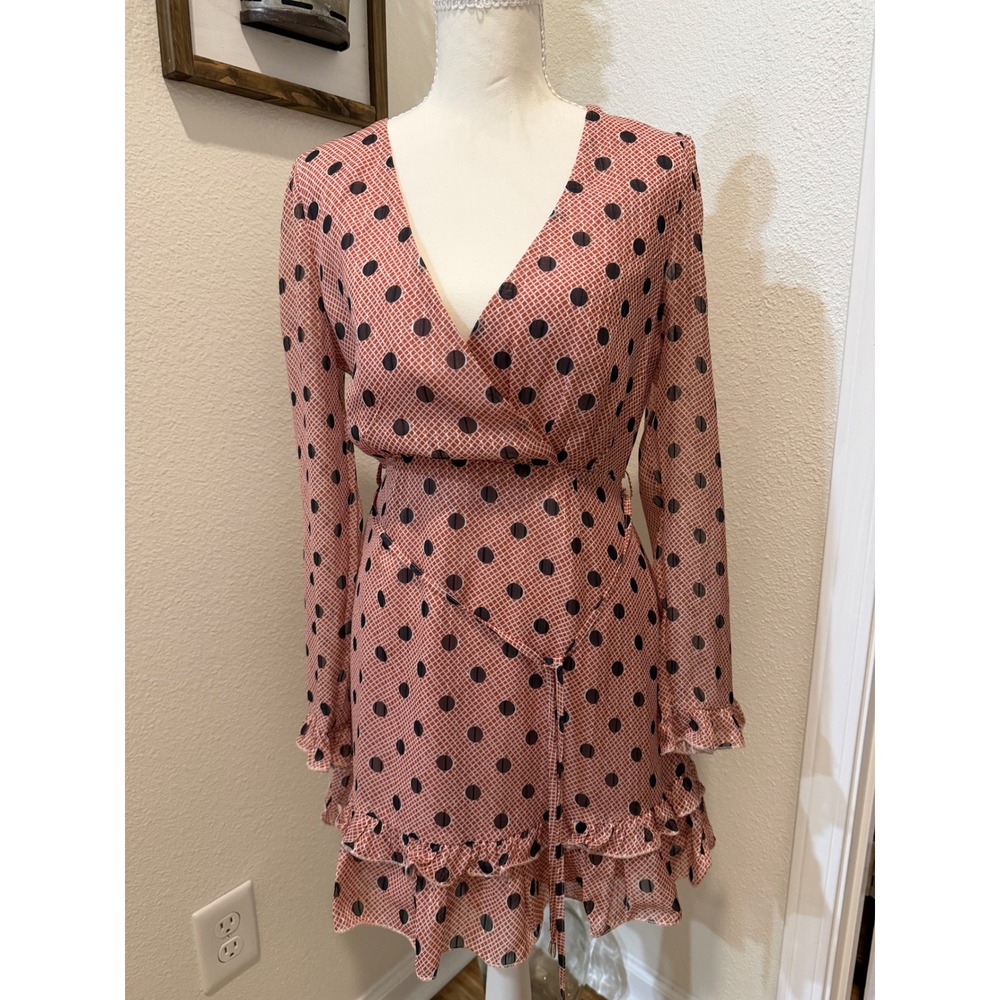 Aiden Orange Black Polka Dot Ruffle Mini Dress Long Sleeve V-Neck Size M
